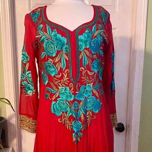 Gorgeous Indian dress Sz L. Red, turquoise and gold. New.